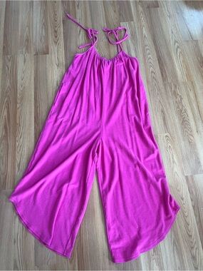 Anthropologie Hot Pink Tie-Shoulder Terry Cloth Cropped Asymmetrical Jumpsuit